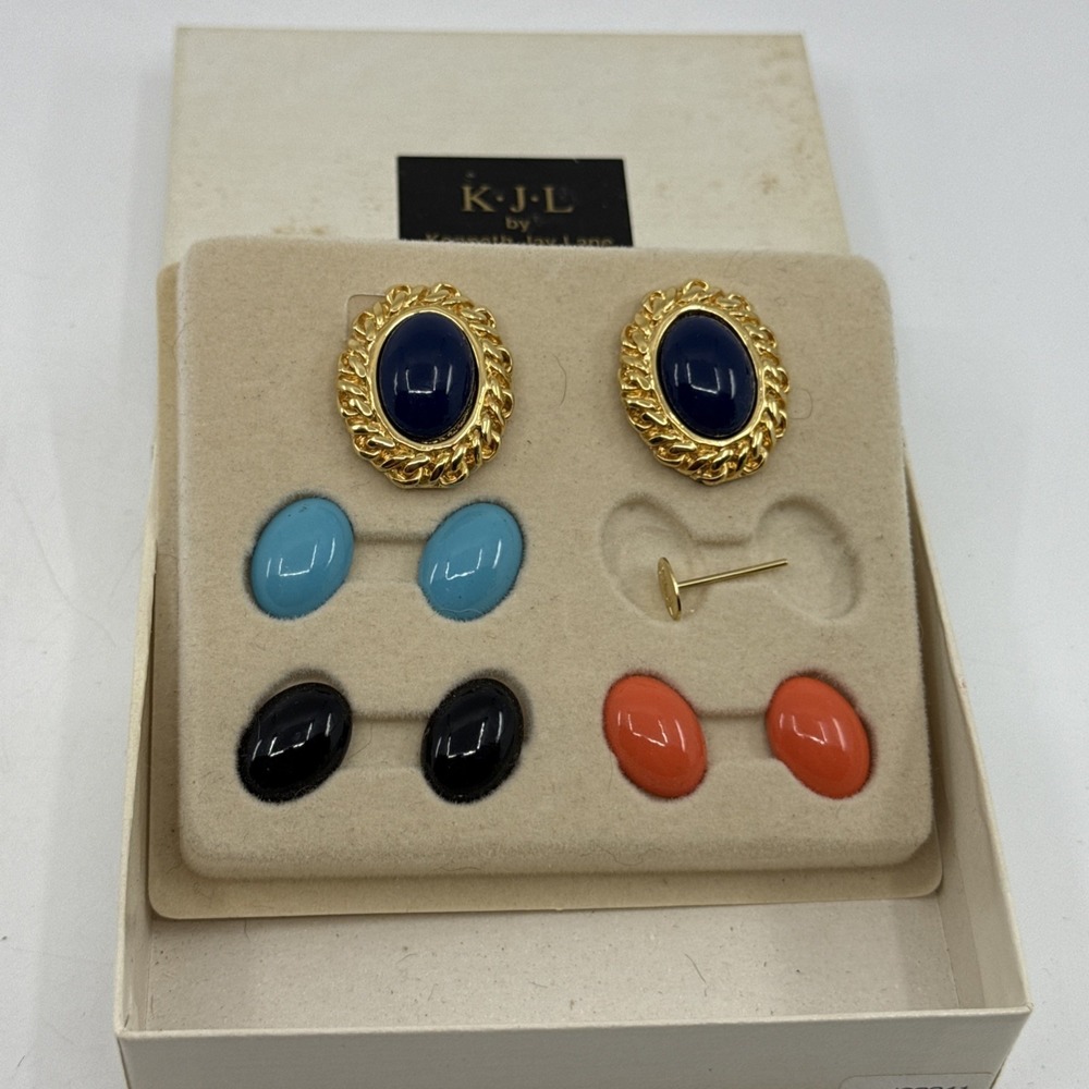 Vtg KJL Kenneth J Lane Interchangeable 4 Different‎ Color Earrings 1" Post Back